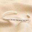 Adjustable 'Mum' Meaningful Word Wave Bangle in Silver on neutral coloured material