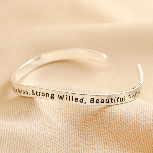 Second Half of Adjustable Nana Meaningful Word Wave Bangle in Silver on Beige Fabric