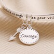 Close Up of Charms on 'Be Brave' Meaningful Word Bangle in Silver
