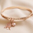 'Favourite Person' Meaningful Word Bangle in Rose Gold on Neutral Fabric