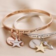 Rose Gold and Silver Personalised 'Be Brave' Meaningful Word Bangles on Neutral Fabric