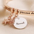 Close Up of Charms on Rose Gold Personalised 'Daughter' Meaningful Word Bangle