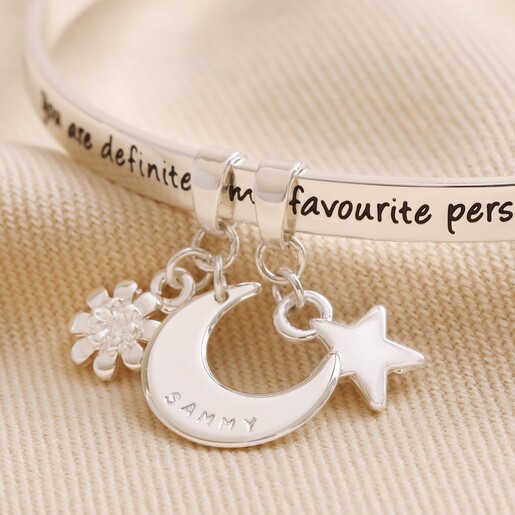 Close Up of Silver Charms on Personalised 'Favourite Person' Meaningful Word Bangle