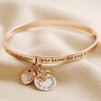 Rose Gold Personalised 'Friend' Meaningful Word Bangle on Neutral Fabric