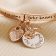 Close Up of Charms on Rose Gold Personalised 'Friend' Meaningful Word Bangle