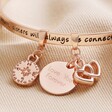 Close Up of Charms on Rose Gold Personalised 'Sisters' Meaningful Word Bangle