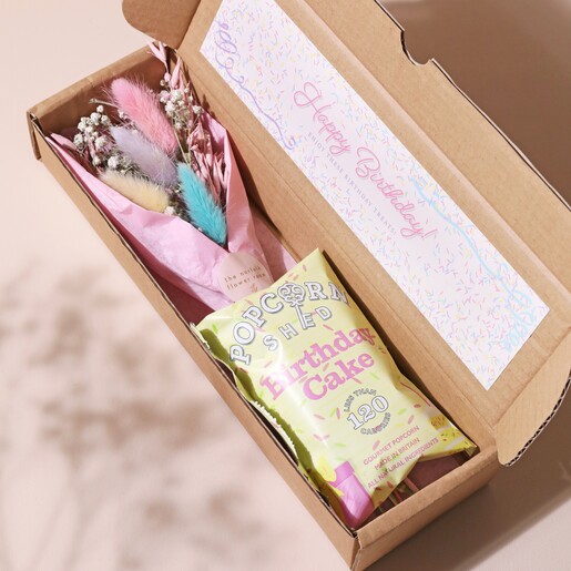 Happy Birthday Dried Flower Posy and Popcorn Letterbox Gift on Neutral Background