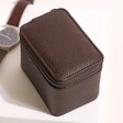 Stackers Brown Zipped Travel Watch Box on Neutral Background With Brown Strap Watch
