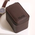 Stackers Personalised Brown Zipped Travel Watch Box on Neutral Background With Brown Leather Watch