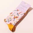 Miss Sparrow Bamboo Floral Pheasant Socks in Packaging on Neutral Coloured Background
