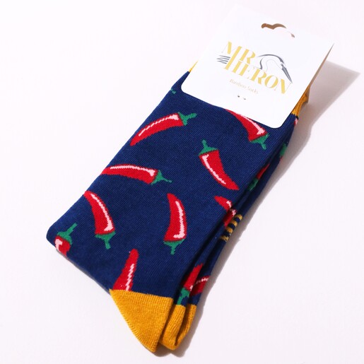 Mr Heron Men's Bamboo Chilli Pepper Socks in Packaging on White Background