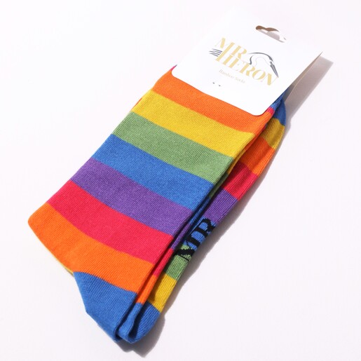 Mr Heron Men's Bamboo Rainbow Stripe Socks in Packaging on White Background