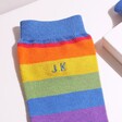 Close Up of Initial Personalisation on Rainbow Personalised Mr Heron Men's Bamboo Stripe Socks