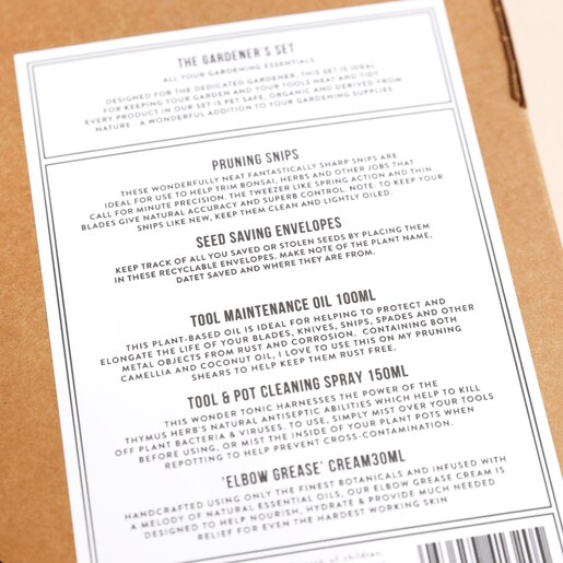 Back of box view of the Norfolk Natural Living The Gardener's Set packaging