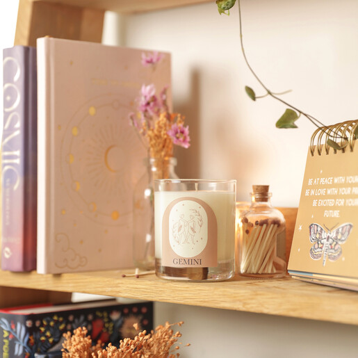 Gemini Zodiac Scented Soy Candle on Shelf