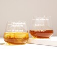 Personalised Measure Whisky Glasses with liquid inside on neutral background