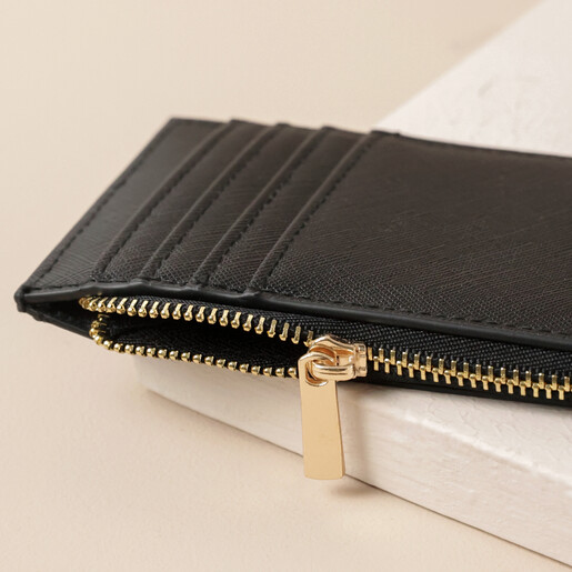 Close Up of Zip on Personalised Debossed Card Holder in Black