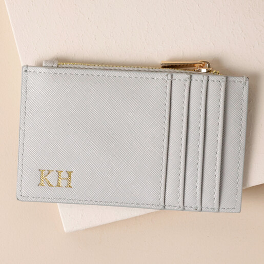Personalised Debossed Card Holder in Grey on Neutral Coloured Background