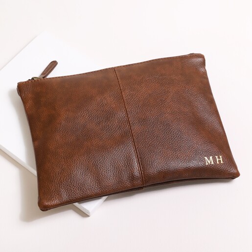 Personalised Initials Men's Travel Wash Bag in brown on white background
