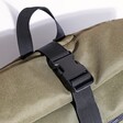 Close Up of Buckle Closure on Personalised Message BagBase Roll Top Backpack in Military Green