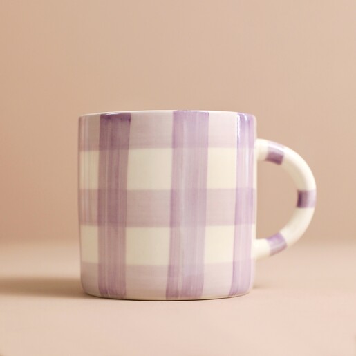 Sass & Belle Lilac Gingham Mug on neutral coloured background