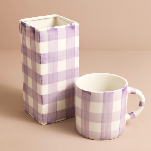 Sass & Belle Lilac Gingham Mug with matching vase