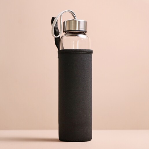 Rose Quartz Purifying Glass Water Bottle in neoprene cover