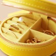 Gold Jewellery Inside Mustard Personalised Block Initials Mini Round Travel Jewellery Case