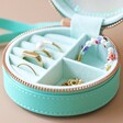 Inside of Turquoise Personalised Name Mini Round Travel Jewellery Case with Jewellery Inside