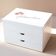 Personalised Birth Flower Jewellery Box with Drawers with Beige Backdrop