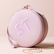 Lilac Pink Personalised Block Initials Mini Round Travel Jewellery Case on Neutral Background