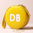 Mustard Personalised Block Initials Mini Round Travel Jewellery Case on Neutral Background