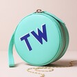 Turquoise Personalised Block Initials Mini Round Travel Jewellery Case on Neutral Background