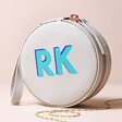 Grey Personalised Block Initials Mini Round Travel Jewellery Case on Neutral Background