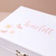 Close Up of Personalisation on White Personalised Name Butterfly Musical Jewellery Box
