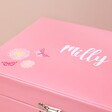 Close Up of Personalisation on Pink Personalised Name Butterfly Musical Jewellery Box