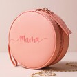 Peach Pink Personalised Name Mini Round Travel Jewellery Case on Beige Background