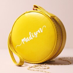 Personalised Name Mini Round Travel Jewellery Case in Mustard Yellow