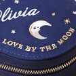 Close Up of Moon Detailing on the Personalised Sun and Moon Embroidered Oval Jewellery Case