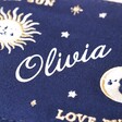 Close Up of Personalisation on the Personalised Sun and Moon Embroidered Oval Jewellery Case