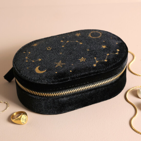 Black Starry night printed velvet Oval jewellery case