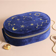 Starry Night Velvet Oval Jewellery Case in Navy With Zip Closed