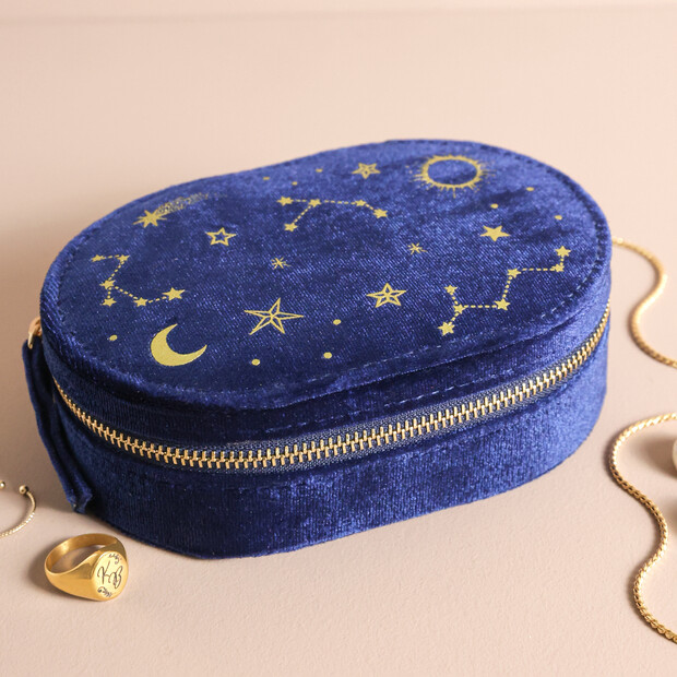 Starry Night Velvet Oval Jewellery Case in Navy Starry Night Velvet Oval Jewellery Case in Navy