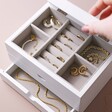 Model Opening White Jewellery Box with Drawers