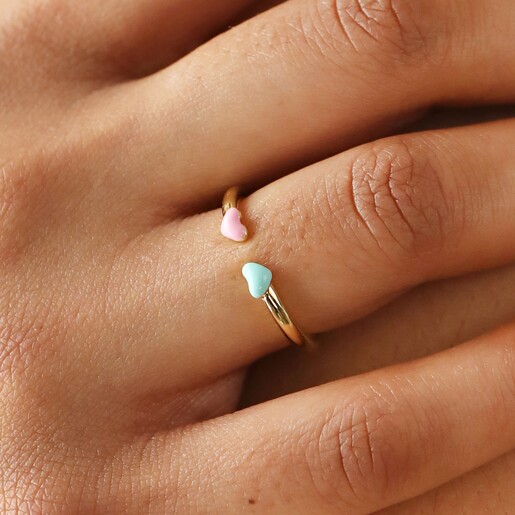 Close Up of Adjustable Enamel Hearts Open Ring in Gold on Model