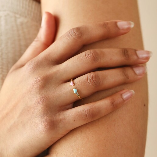 Adjustable Enamel Hearts Open Ring in Gold on Model