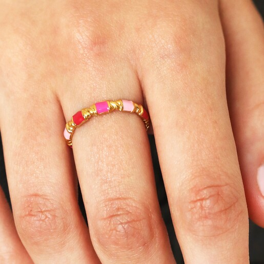 Model Wearing Adjustable Pink Enamel Twist Ring in Gold Close Up