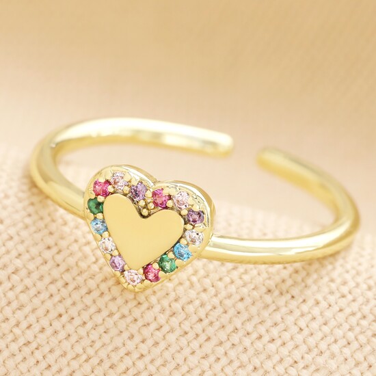 Adjustable Rainbow Crystal Heart Ring in Gold