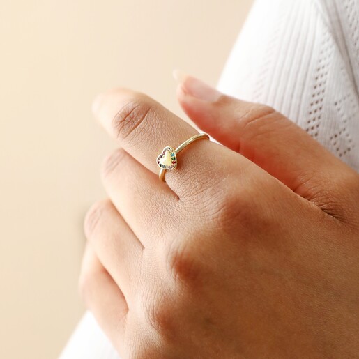 Model Wearing Ring Model Wearing Adjustable Rainbow Crystal Heart Ring in Gold