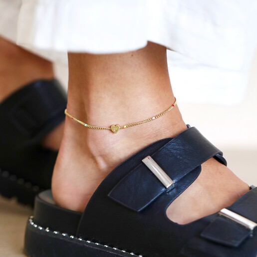 Close Up of Heart Charm Rainbow Enamel Ball Chain Anklet on Model 